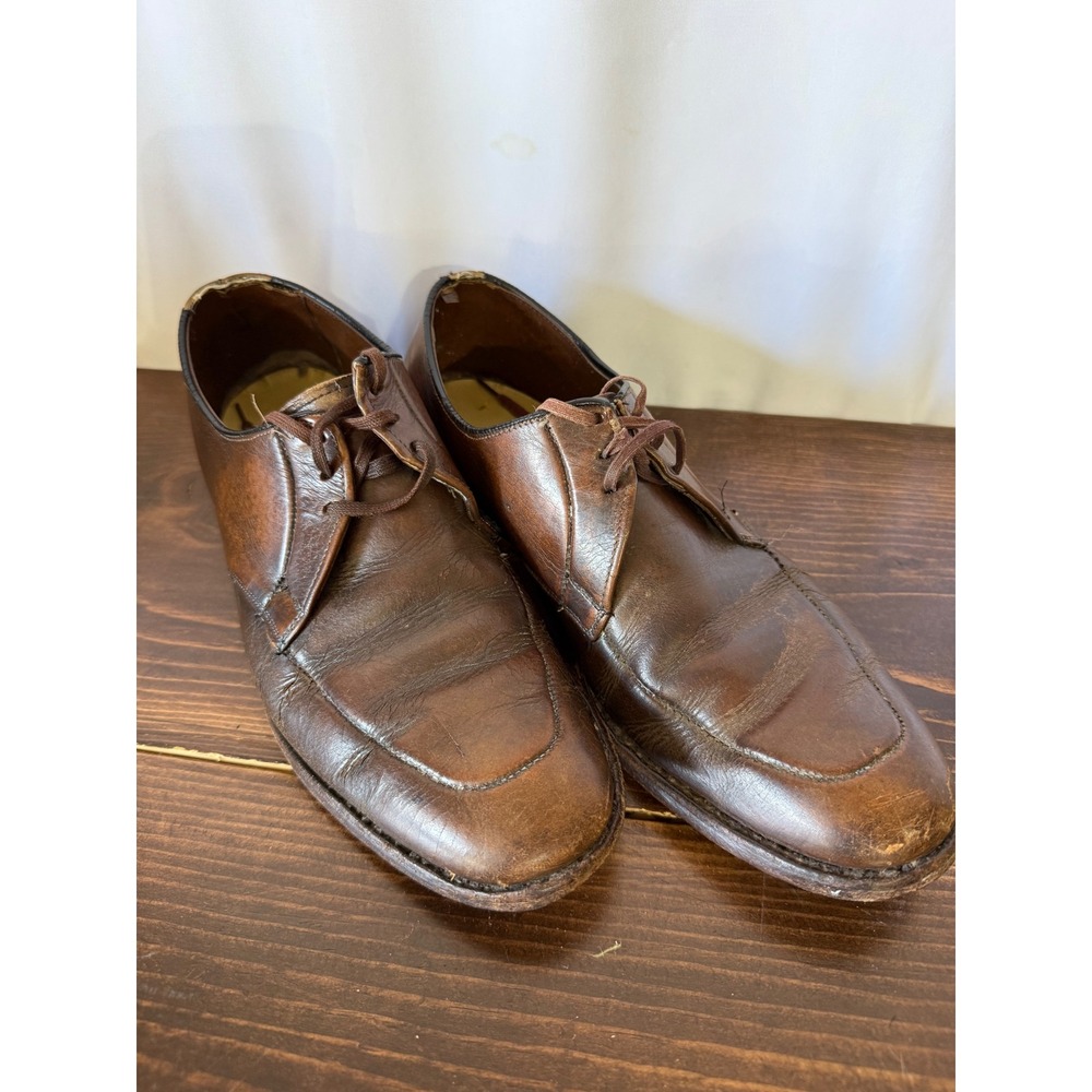 Vintage Brown Leather Apron Toe Derby Shoes Lace Up Dress Shoes Distressed Mens